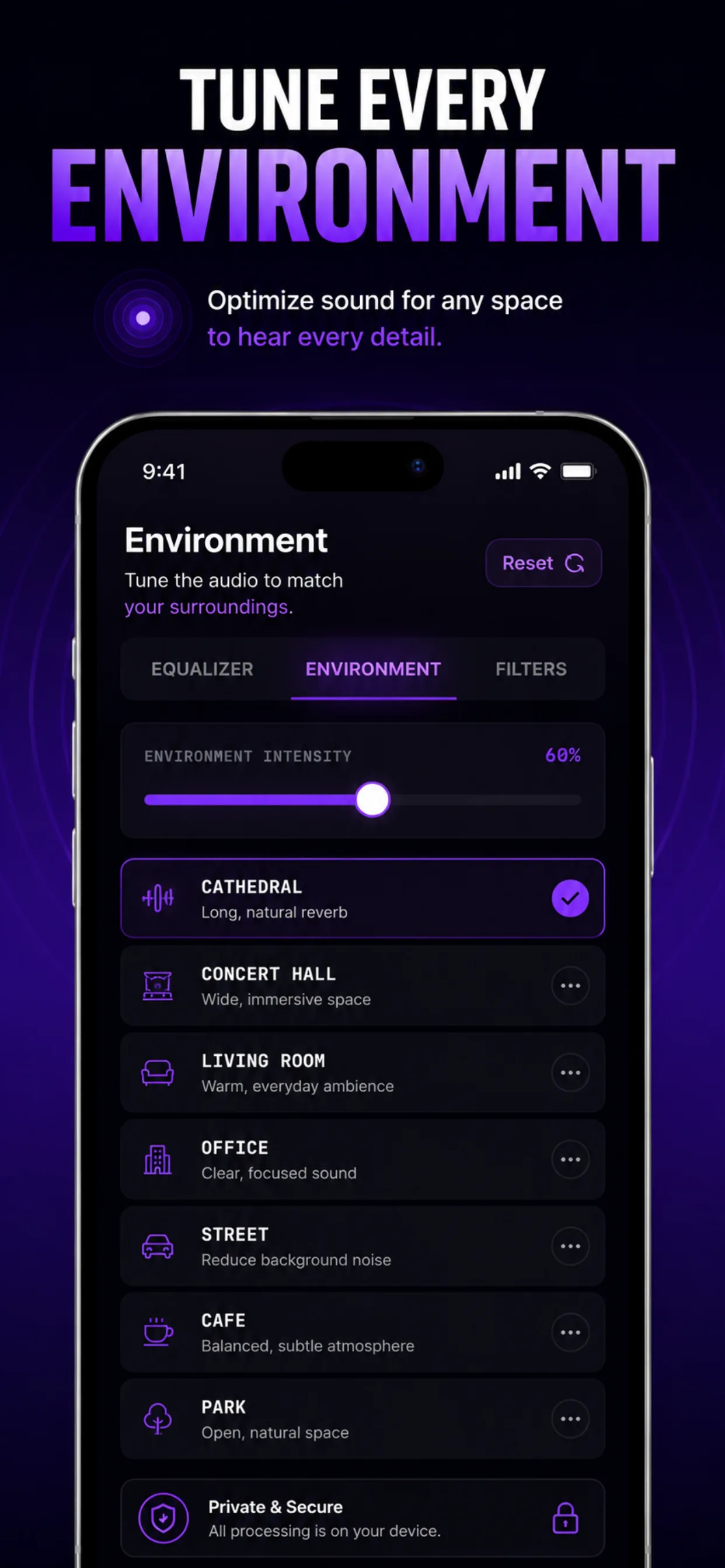 Spy Hearing acoustic space picker showing cathedral, concert hall, living room, cafe, park, and street presets