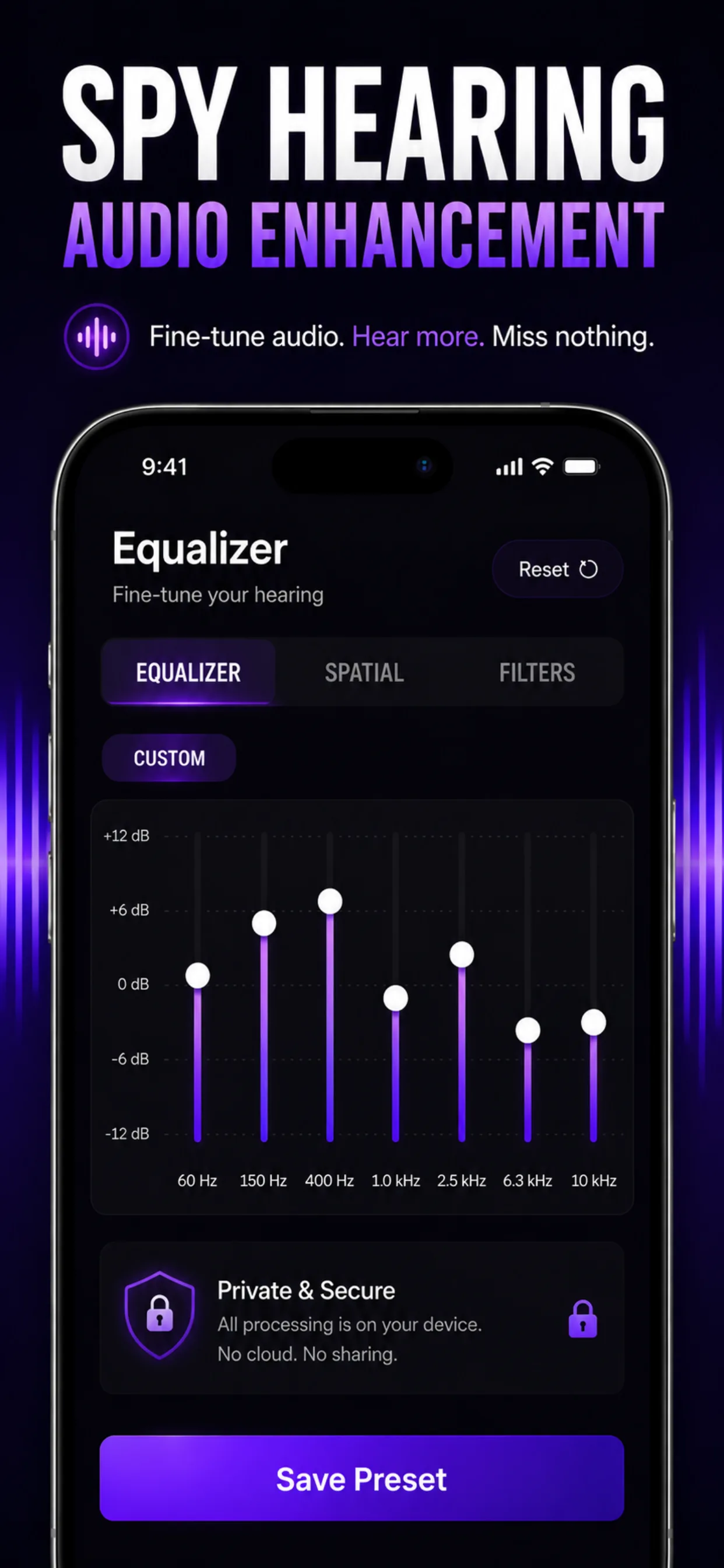 Spy Hearing 8-band parametric equalizer with distinct low-cut and mid boost matching the speech-intelligibility band