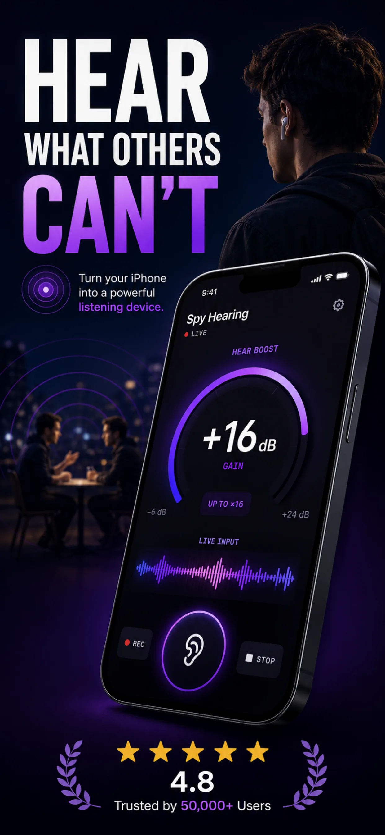 Spy Hearing gain control screen showing 16x amplification with EQ presets